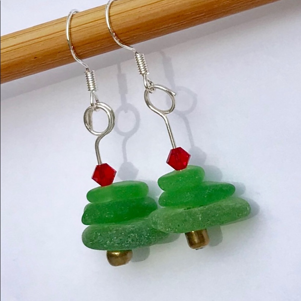 SEAGLASS Christmas Tree Sterling Silver Earrings